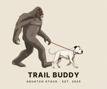 The Trail Buddy design: the Founder walking his white dog on a red leash, over “Trail Buddy, Squatch Stack, Est. 2025”