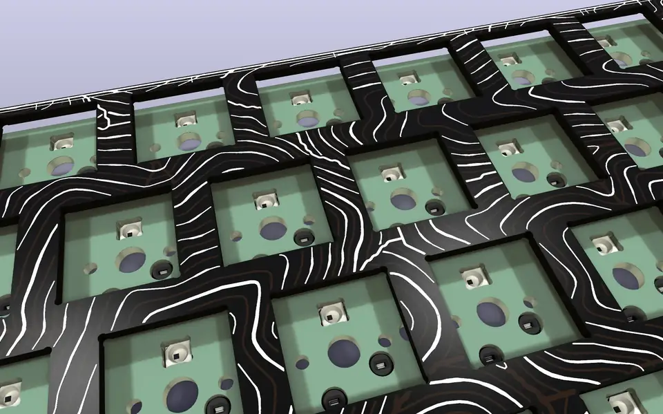 Close over a keyboard circuit board: the black Trailcast plate on top, its white contour lines running between the square switch openings