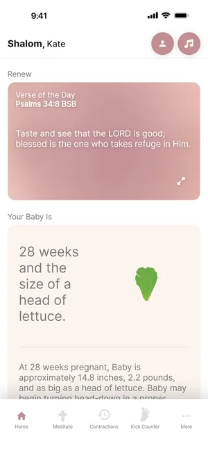 Glorywomb’s home screen: the verse of the day, and her baby at 28 weeks, the size of a head of lettuce