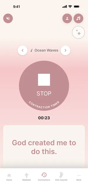 Glorywomb’s contraction timer running: a large Stop button, 00:23, and “God created me to do this.”