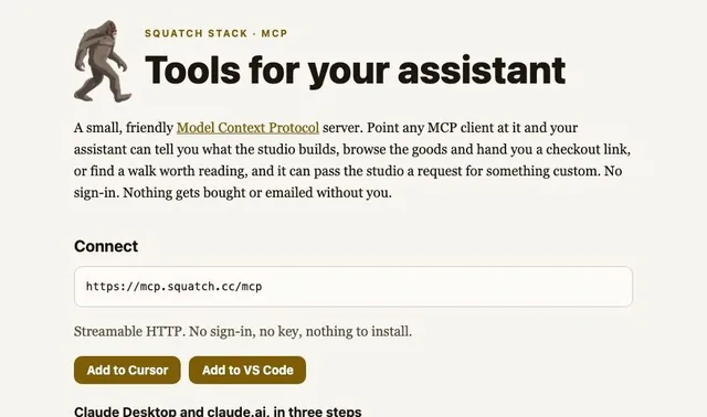 Our public tools page for assistants: the Founder beside “Tools for your assistant” and the address to connect