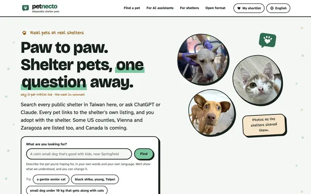 Petnecto's home page: “Paw to paw. Shelter pets, one question away.”, the search box and three shelter animals
